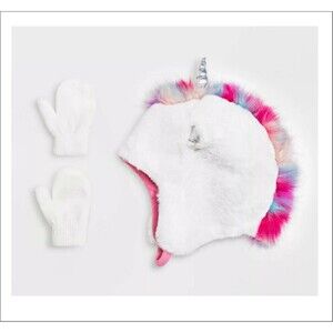 Toddler Rainbow Unicorn Faux Fur beanie Mittens set New Trapper Hat 12-24 mos